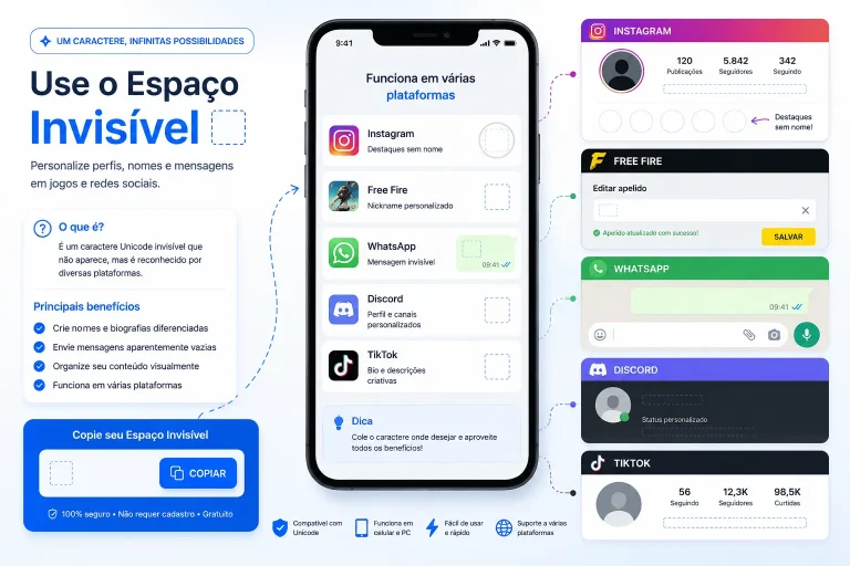 Uso de caractere invisível em Instagram, Free Fire, WhatsApp, Discord e TikTok.