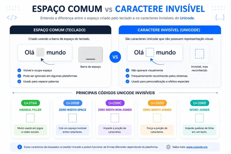 Exemplo de caractere invisível Unicode comparado a um espaço comum.